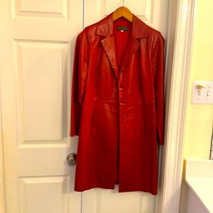 Thigh length leather coat in red; euro size 40
